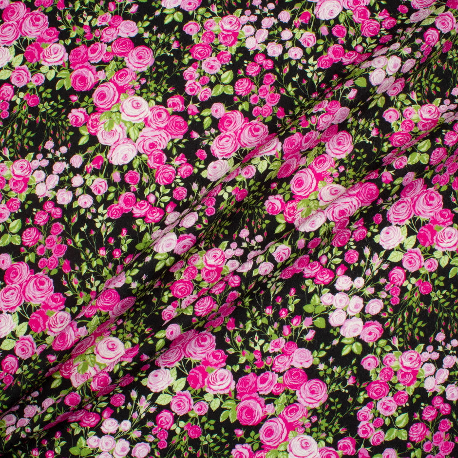 Pink Rose Printed Black Silk & Cotton Piqué