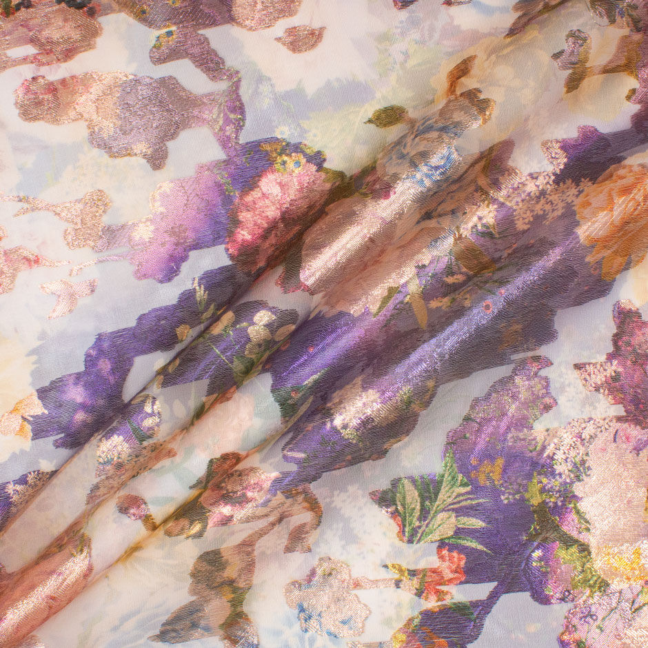 Floral Long Jet Printed Pink & Purple Metallic Silk Organza