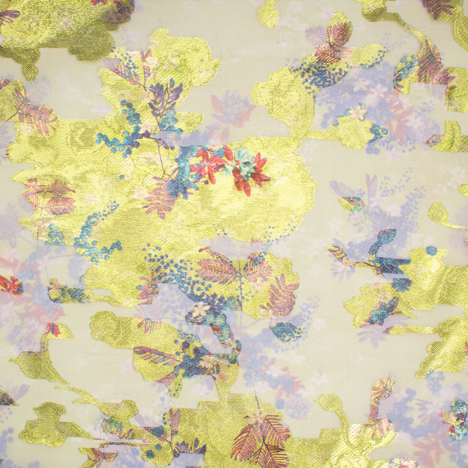 Long Jet Printed Floral & Lime Green Metallic Silk Organza