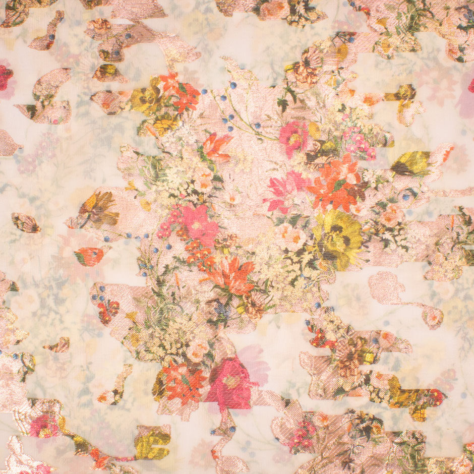 Pink & Orange Floral Long Jet Printed Soft Peach Metallic Silk Organza