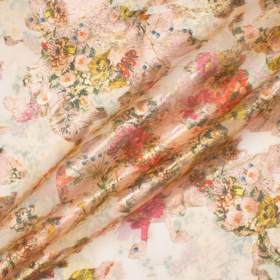 Pink & Orange Floral Long Jet Printed Soft Peach Metallic Silk Organza