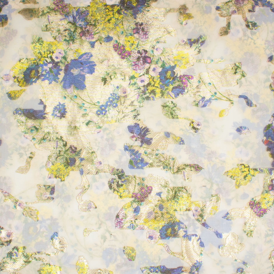 Blue & Yellow Floral Long Jet Printed Gold Metallic Silk Organza