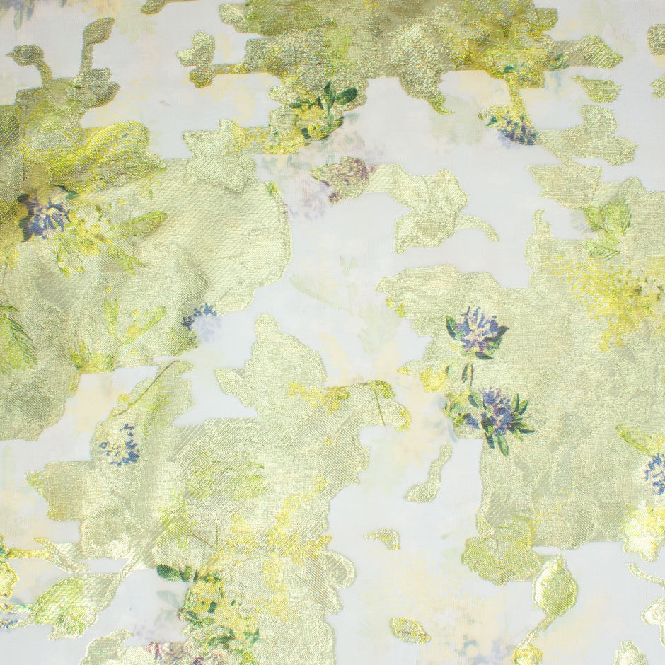 Delicate Long Jet Floral Printed Lime Metallic Organza