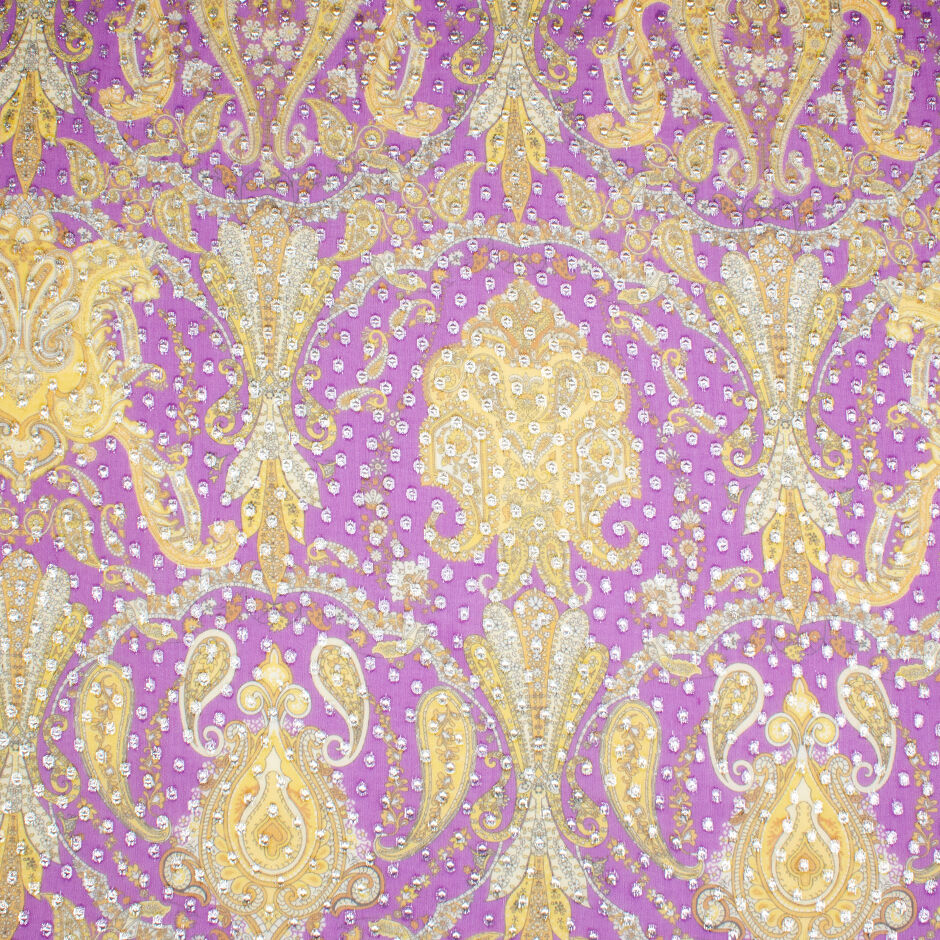 Canary Yellow Paisley Violet Metallic Silk Georgette