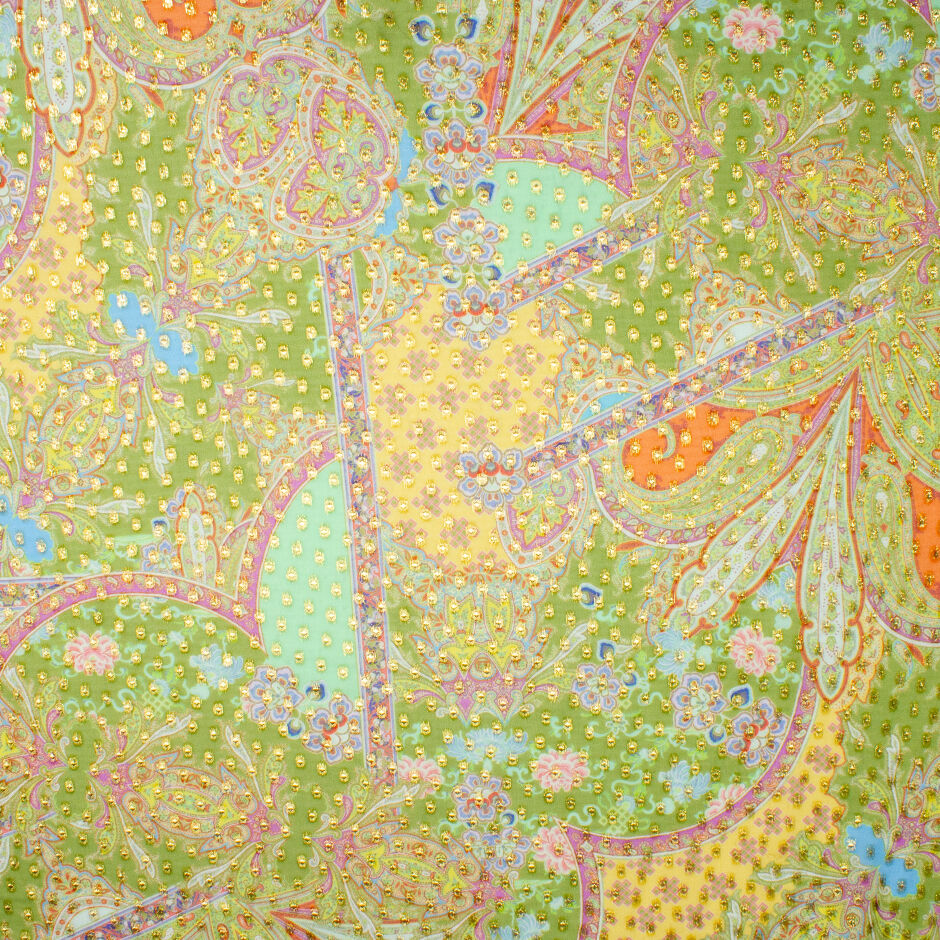 Multi Paisley Printed Apple Green Metallic Silk Georgette