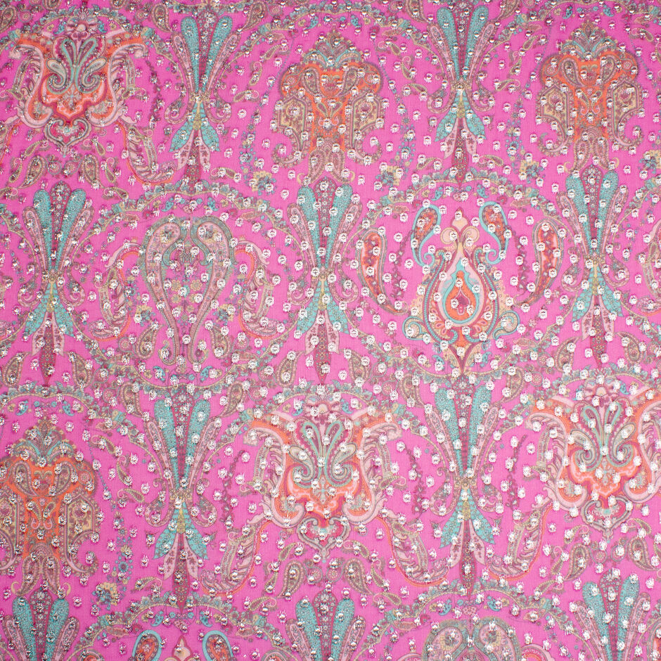 Turquoise Paisley Printed Rich Pink Metallic Silk Georgette