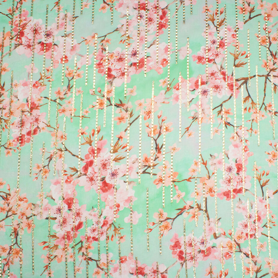 Soft Pink Floral Printed Mint Metallic Silk Georgette