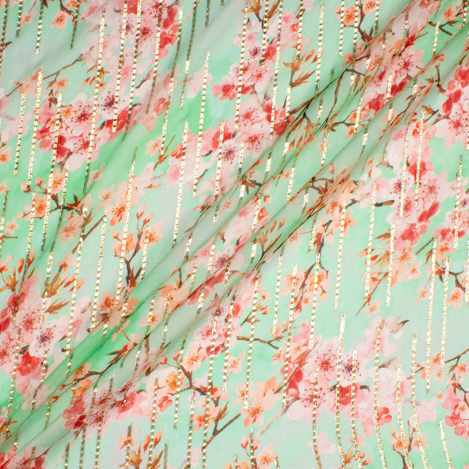 Soft Pink Floral Printed Mint Metallic Silk Georgette