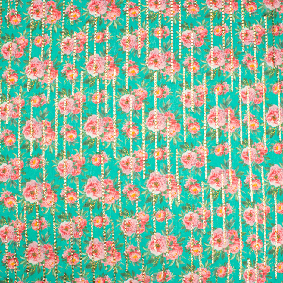 Pink Floral Printed Deep Mint Green Metallic Silk Georgette