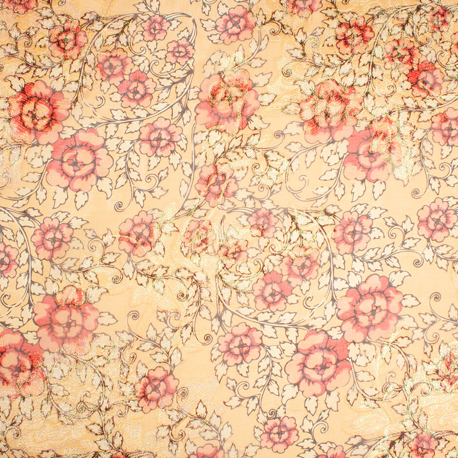 Pink Floral Printed Peach Metallic Silk Georgette