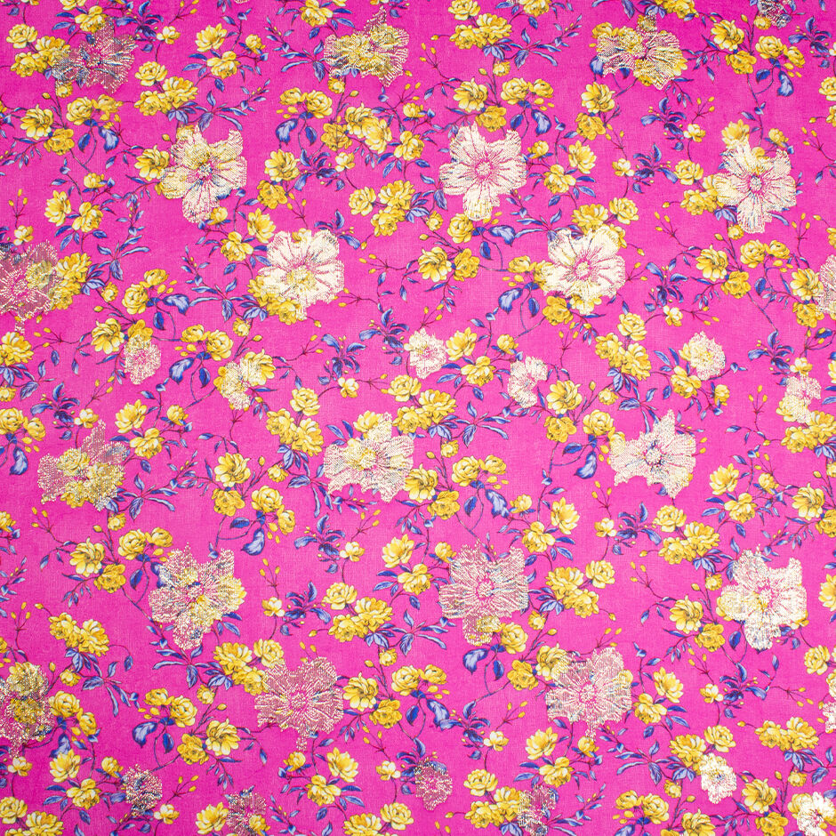 Yellow Floral Printed Fuchsia Pink Metallic Silk Georgette