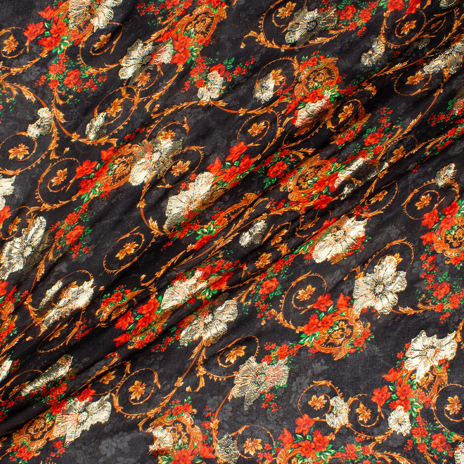 Red Rose Floral Printed Black & Gold Metallic Silk Georgette