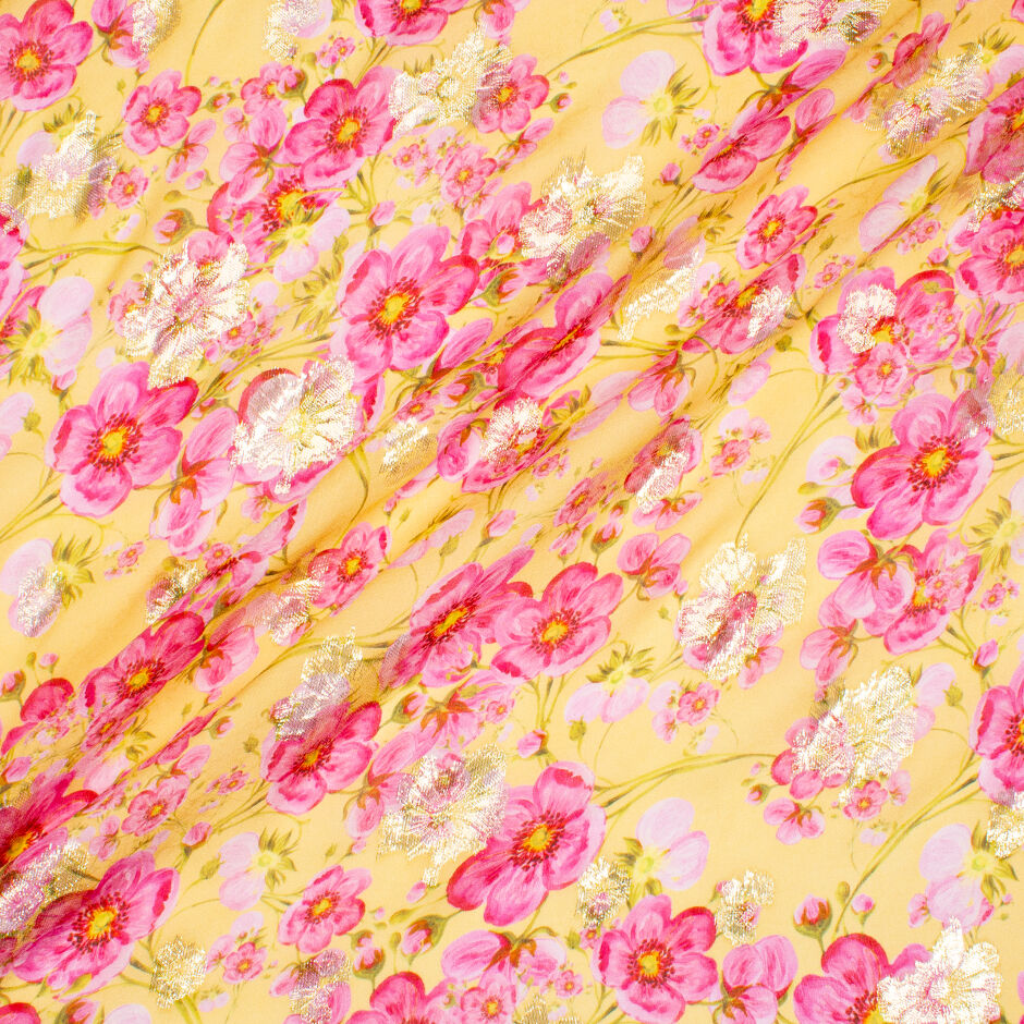 Pink Pansy Printed Metallic Yellow Silk Georgette (A 2.90m Piece)