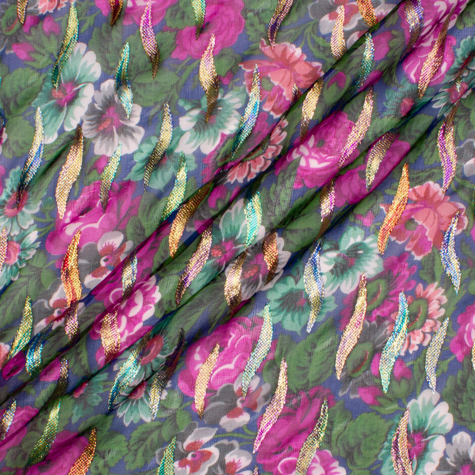 Magenta Floral Printed Blue Silk Metallic Georgette (A 2.3m Piece)