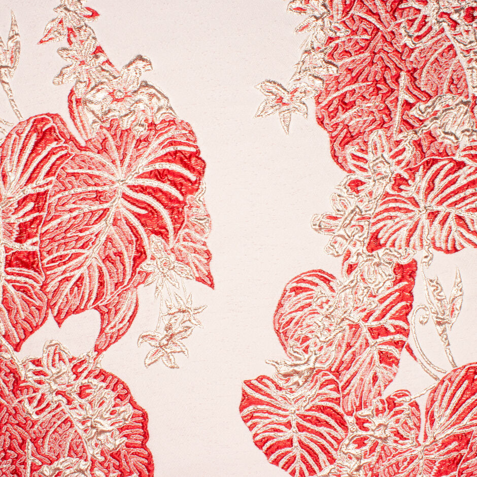 Large Red Palm Leaf Metallic Ecru Cloqué