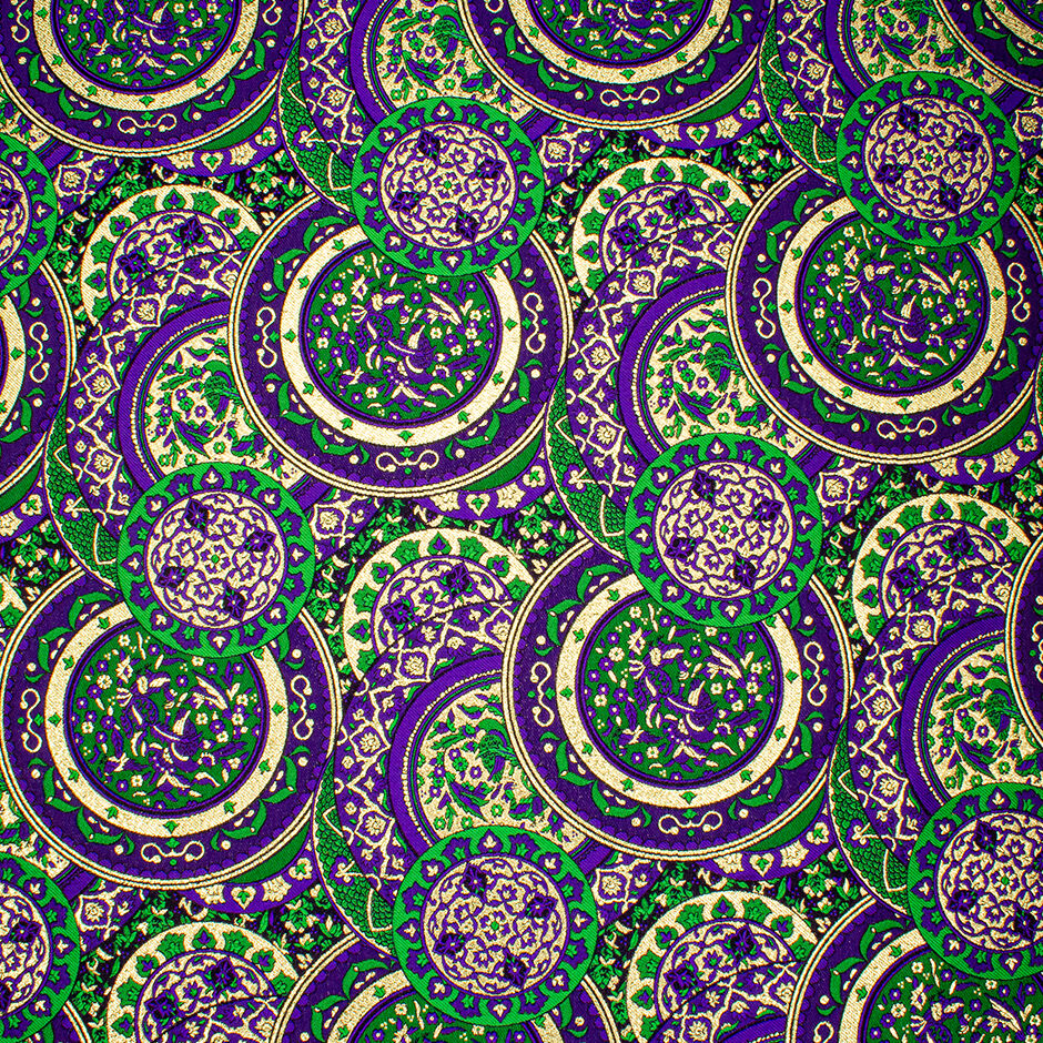 Purple, Green & Gold Metallic Circle Silk Blend Brocade