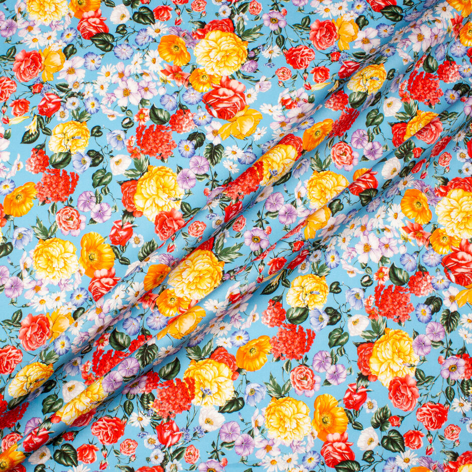 Red & Orange Floral Printed Sky Blue Luxury Cotton