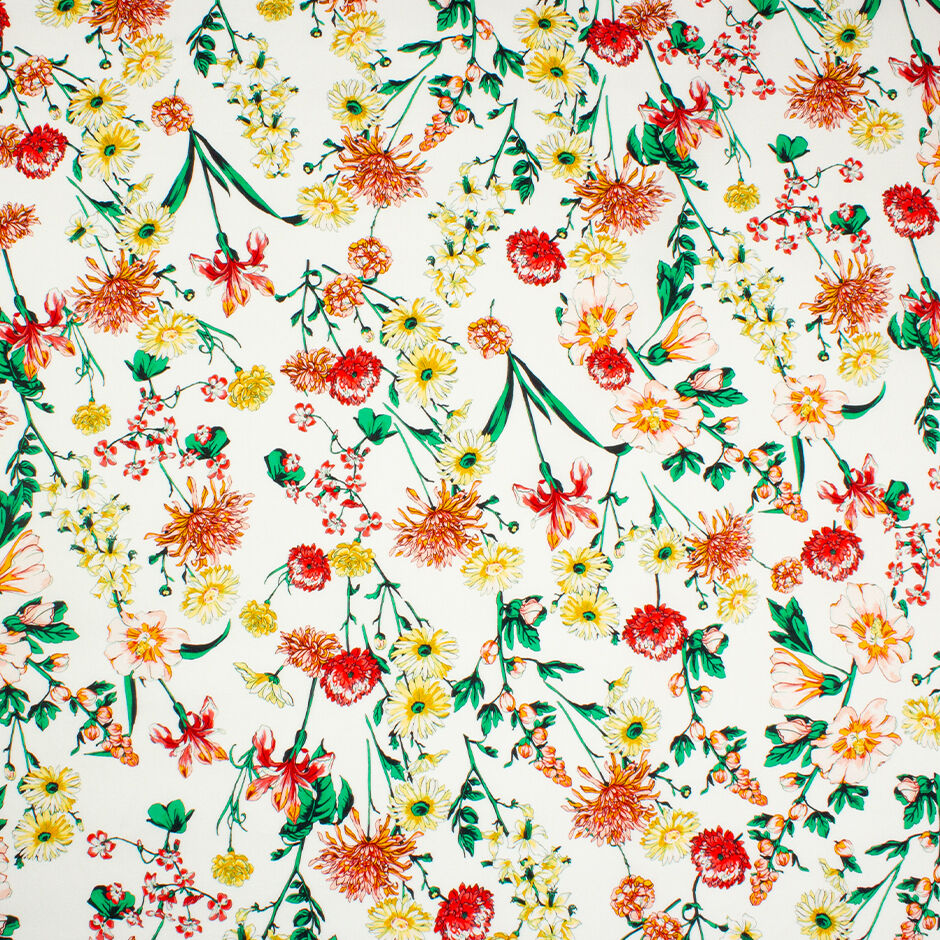 Red, Orange & Yellow Floral Printed White Luxury Cotton