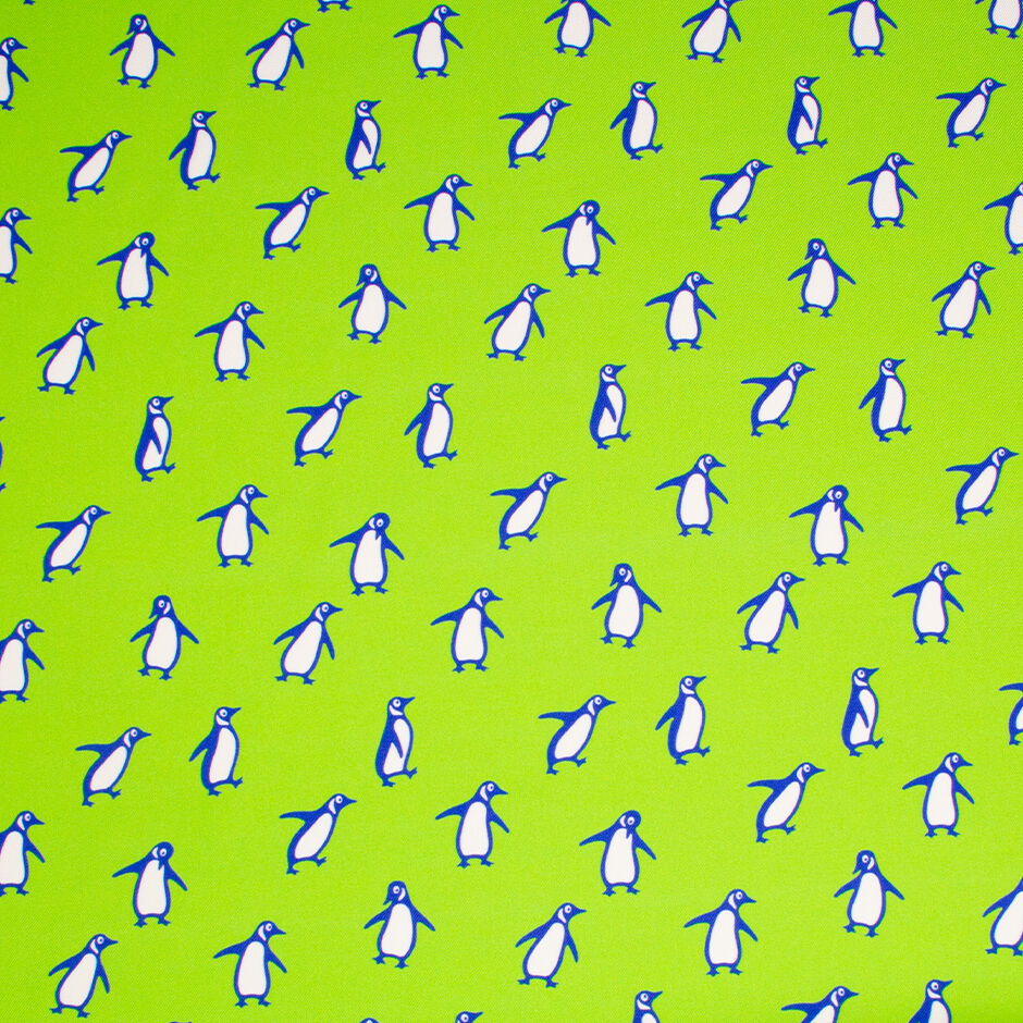 Blue & White Penguin Printed Apple Green Silk Twill