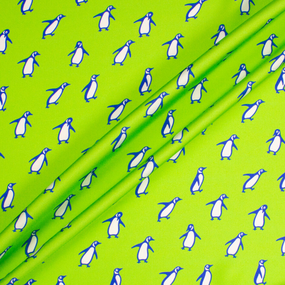 Blue & White Penguin Printed Apple Green Silk Twill