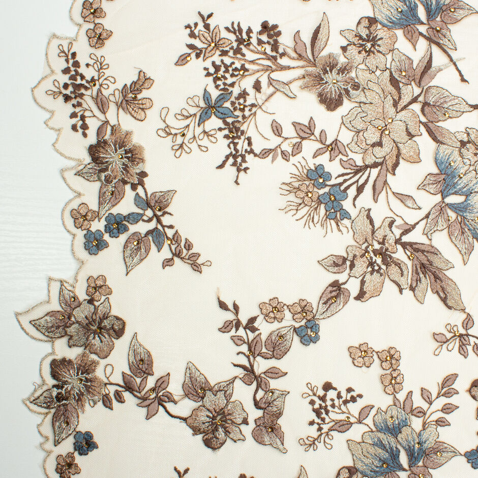 Brown & Blue Floral Embroidered Cream Tulle with Stones