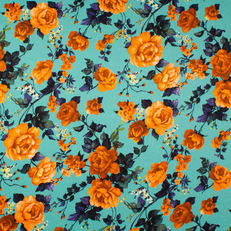 Orange Floral Turquoise Printed Double Silk Satin Crêpe