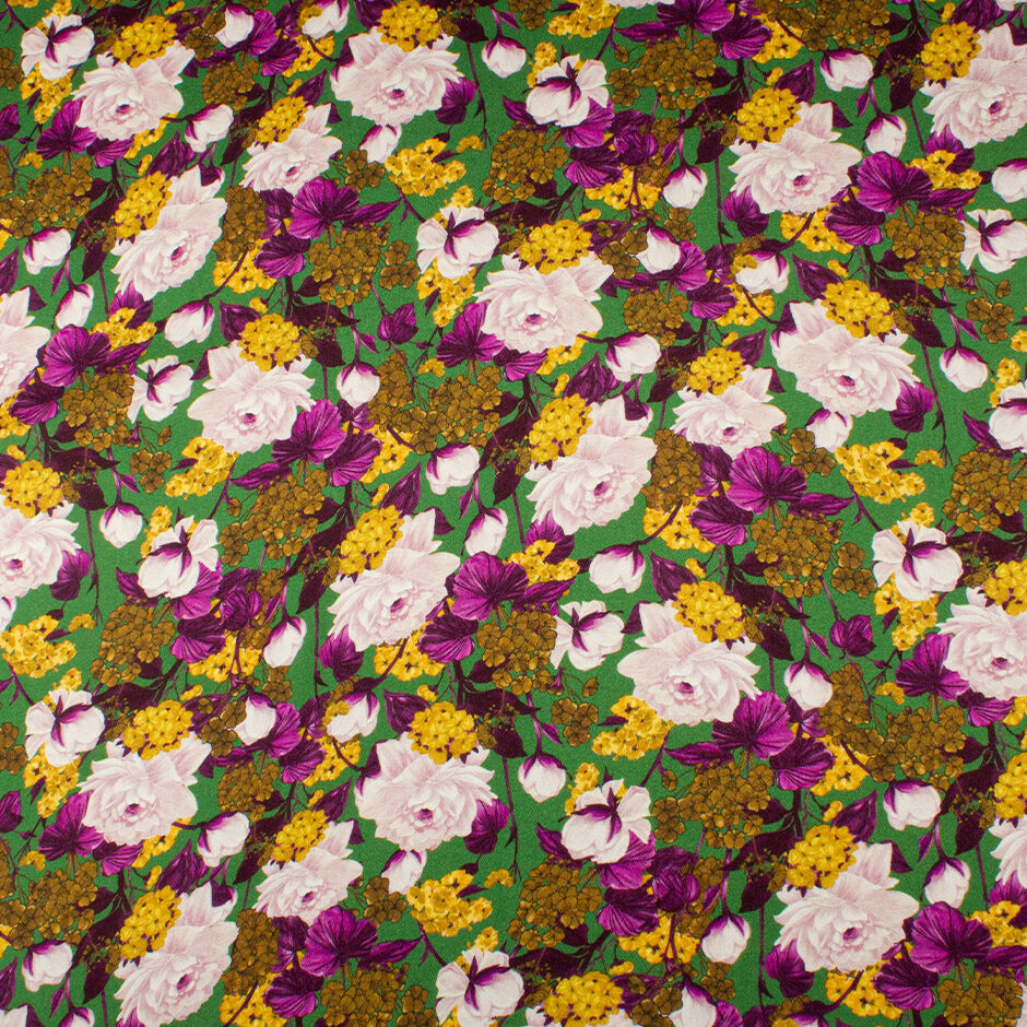 Magenta & Yellow Floral on Deep Green Double Silk Satin Crêpe