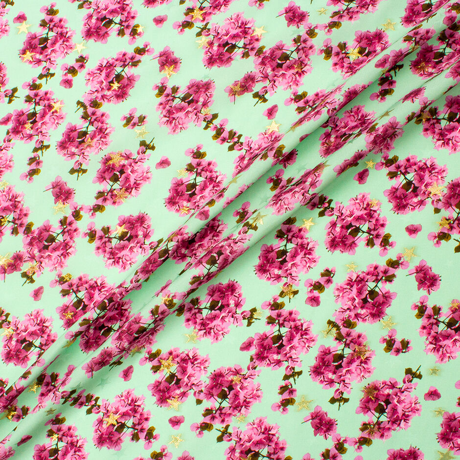 Candy Pink Floral Printed Mint Green Silk Jacquard