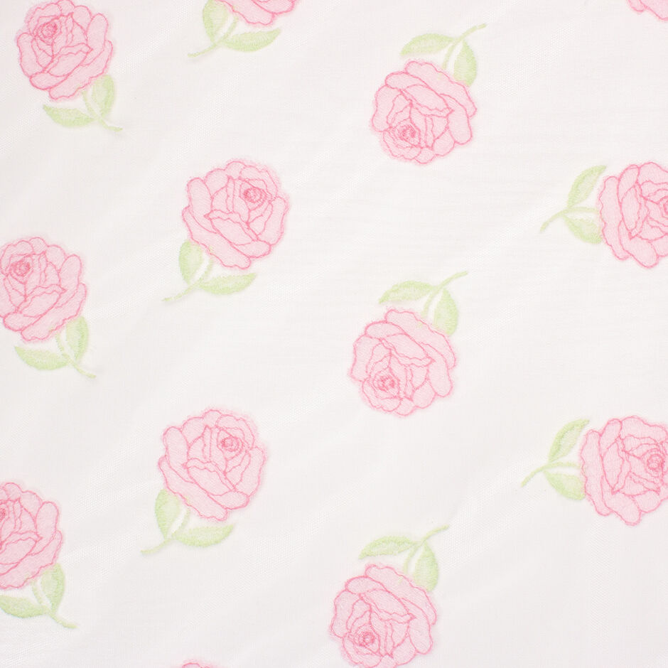 Pink Rose Embroidered White Tulle