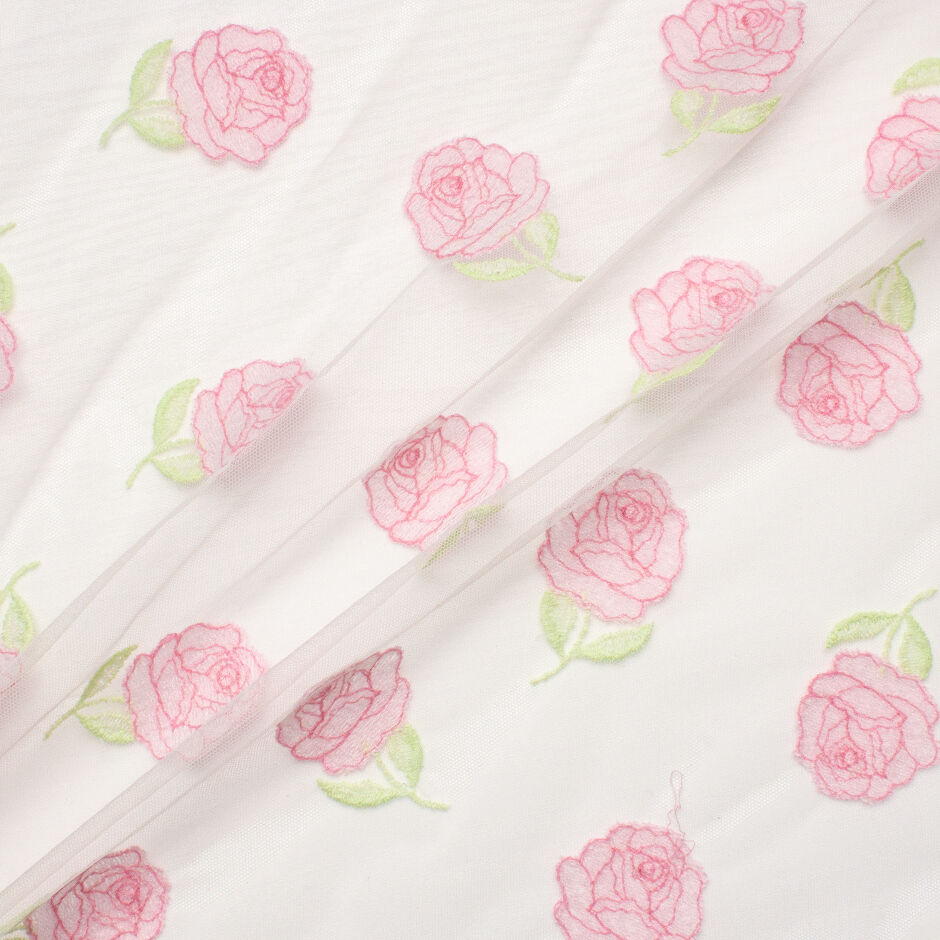 Pink Rose Embroidered White Tulle