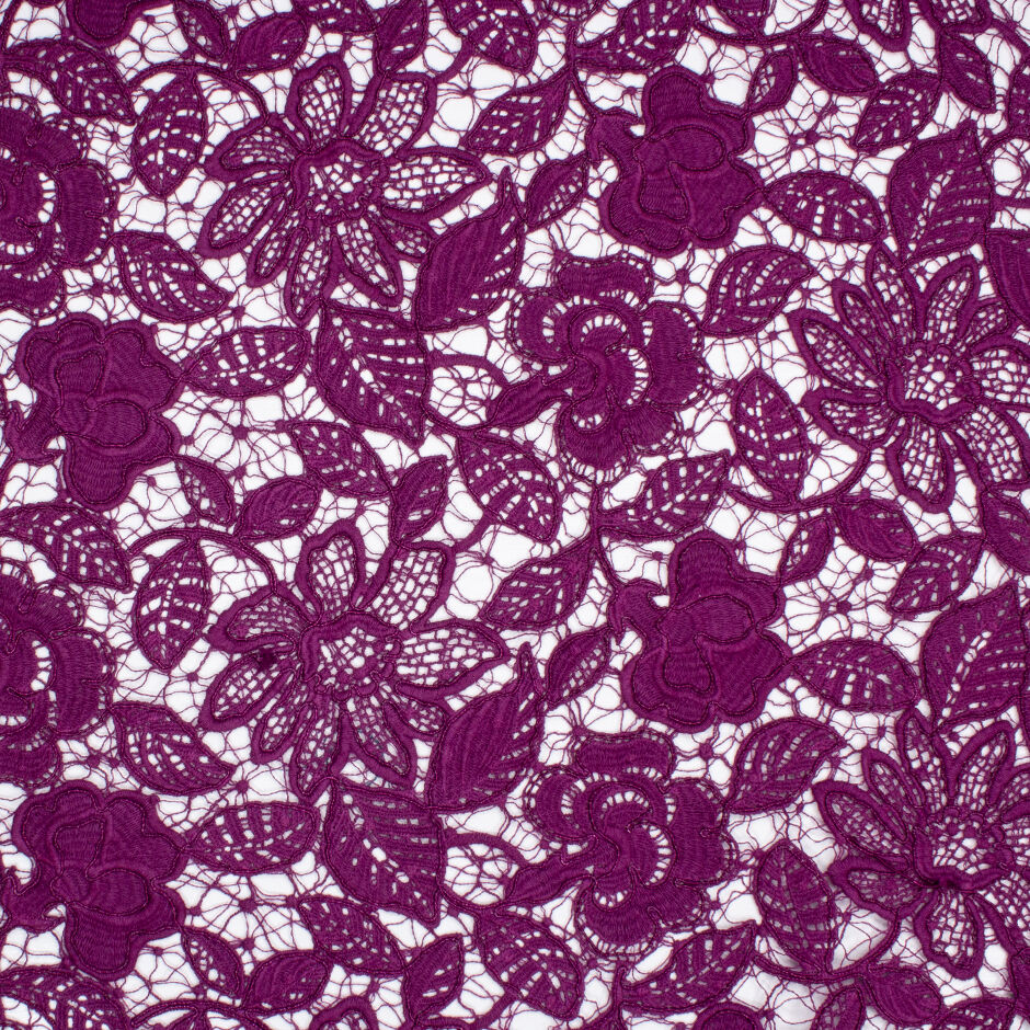 Mulberry Coloured Floral Corded Guipure Lace