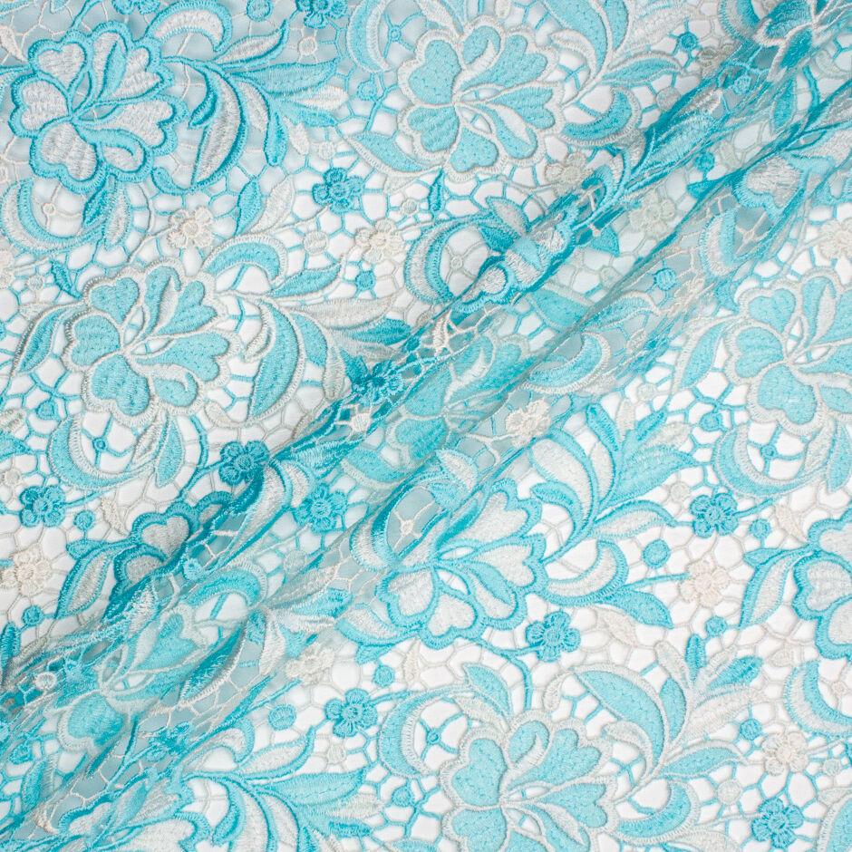 White & Turquoise Floral Guipure Lace