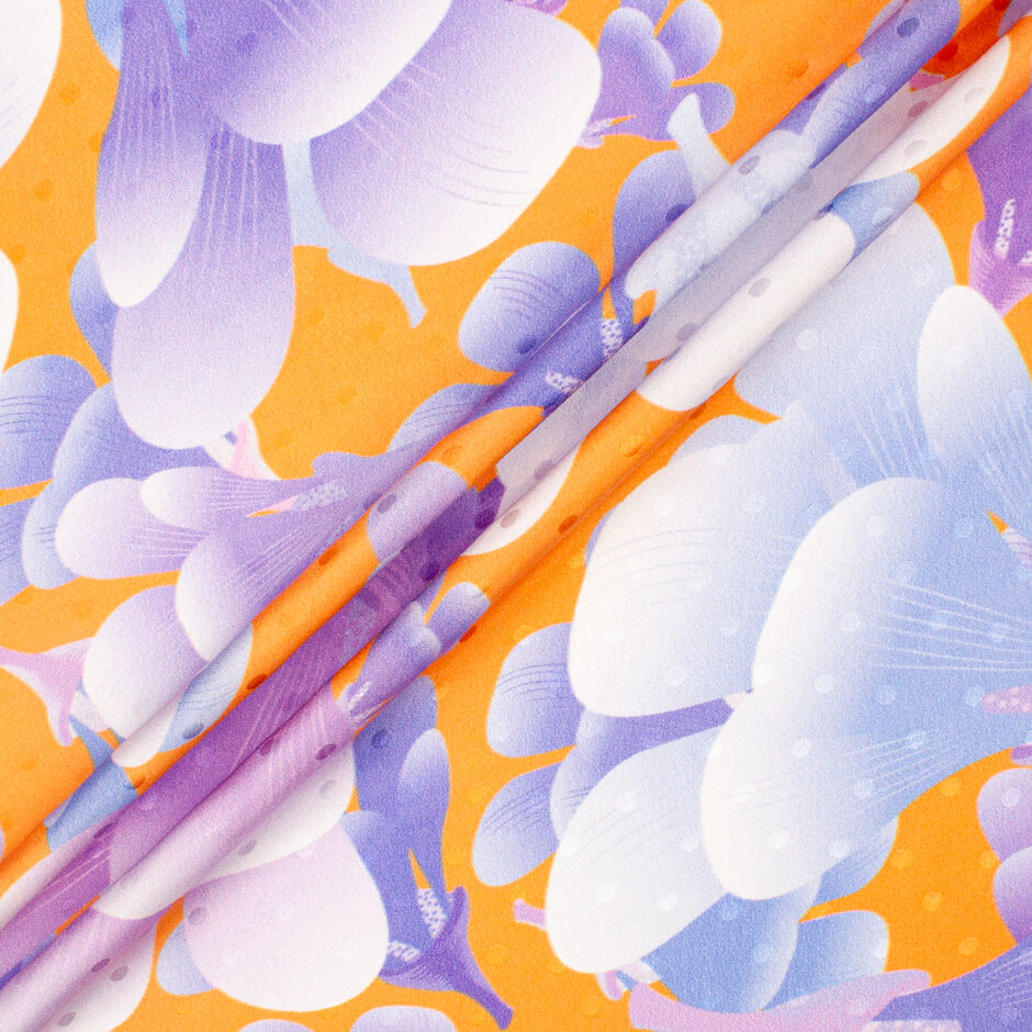 Bold Purple Floral Printed Bright Orange Silk Jacquard