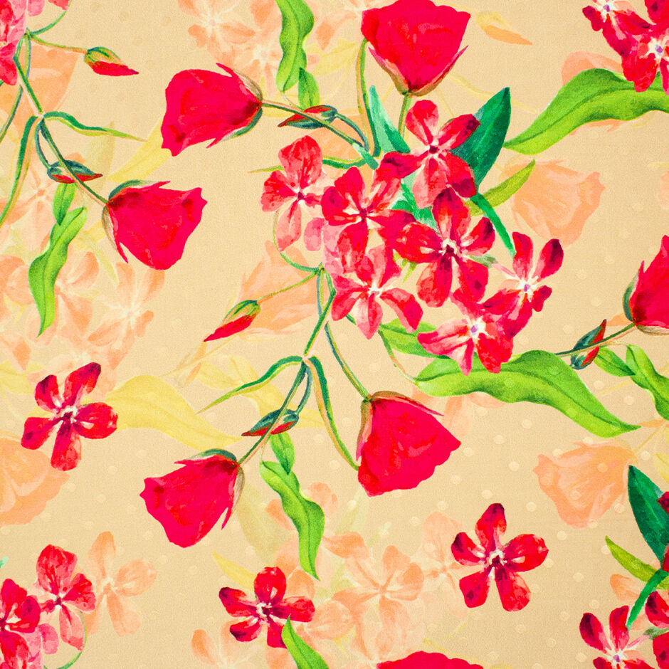 Red Floral Printed Peach Silk Spot Jacquard (A 2.40m Piece)