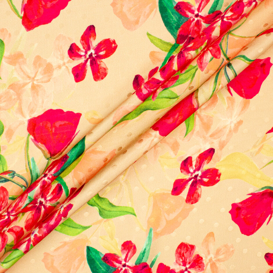 Red Floral Printed Peach Silk Spot Jacquard (A 2.40m Piece)