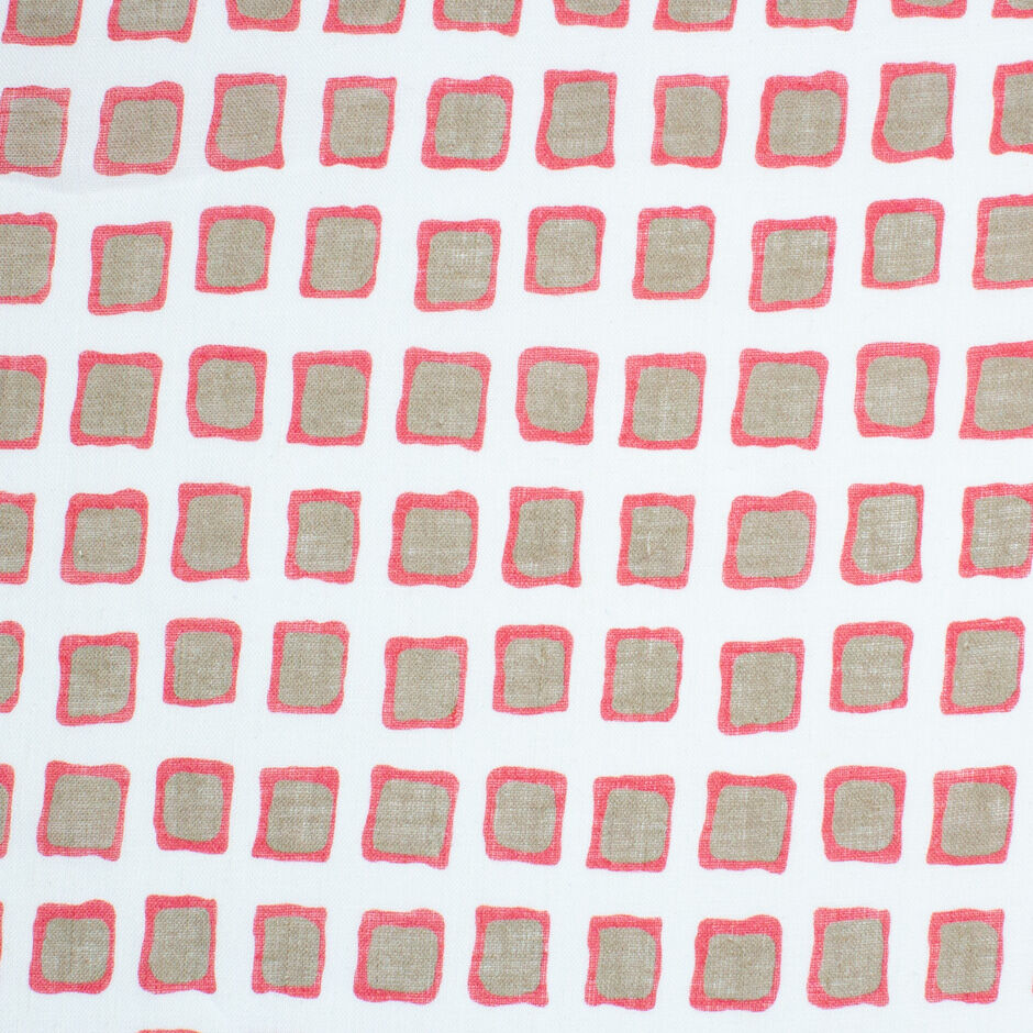 Taupe & Pink Squares Printed White Pure Linen