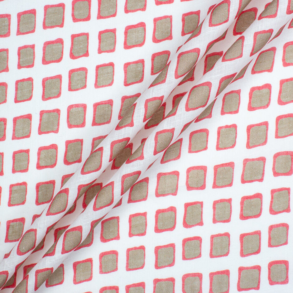 Taupe & Pink Squares Printed White Pure Linen