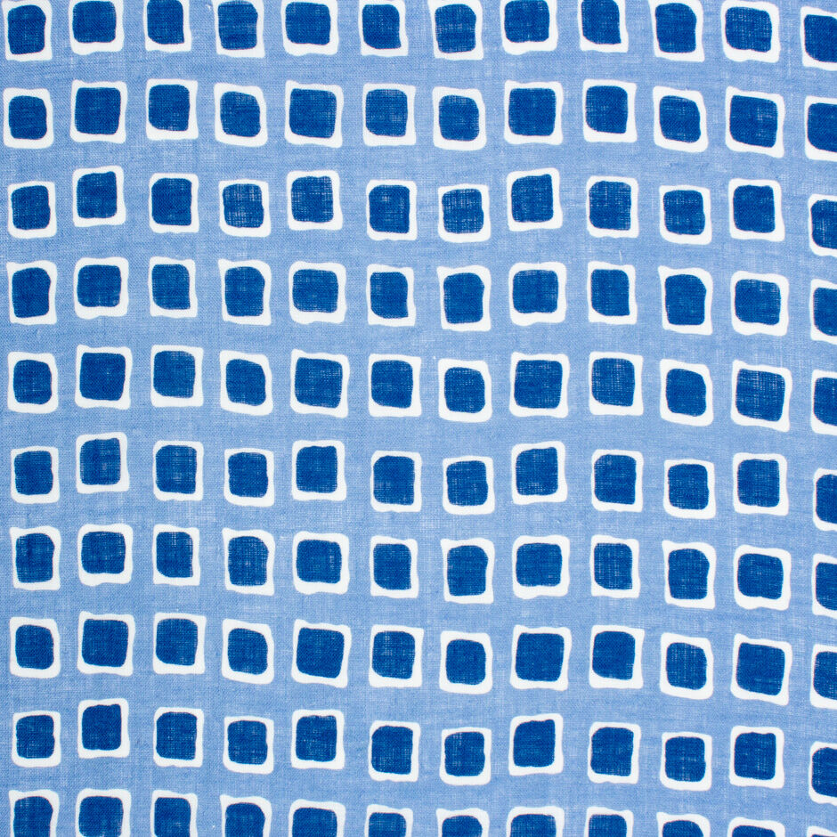 Blue Squares Printed Blue Pure Linen