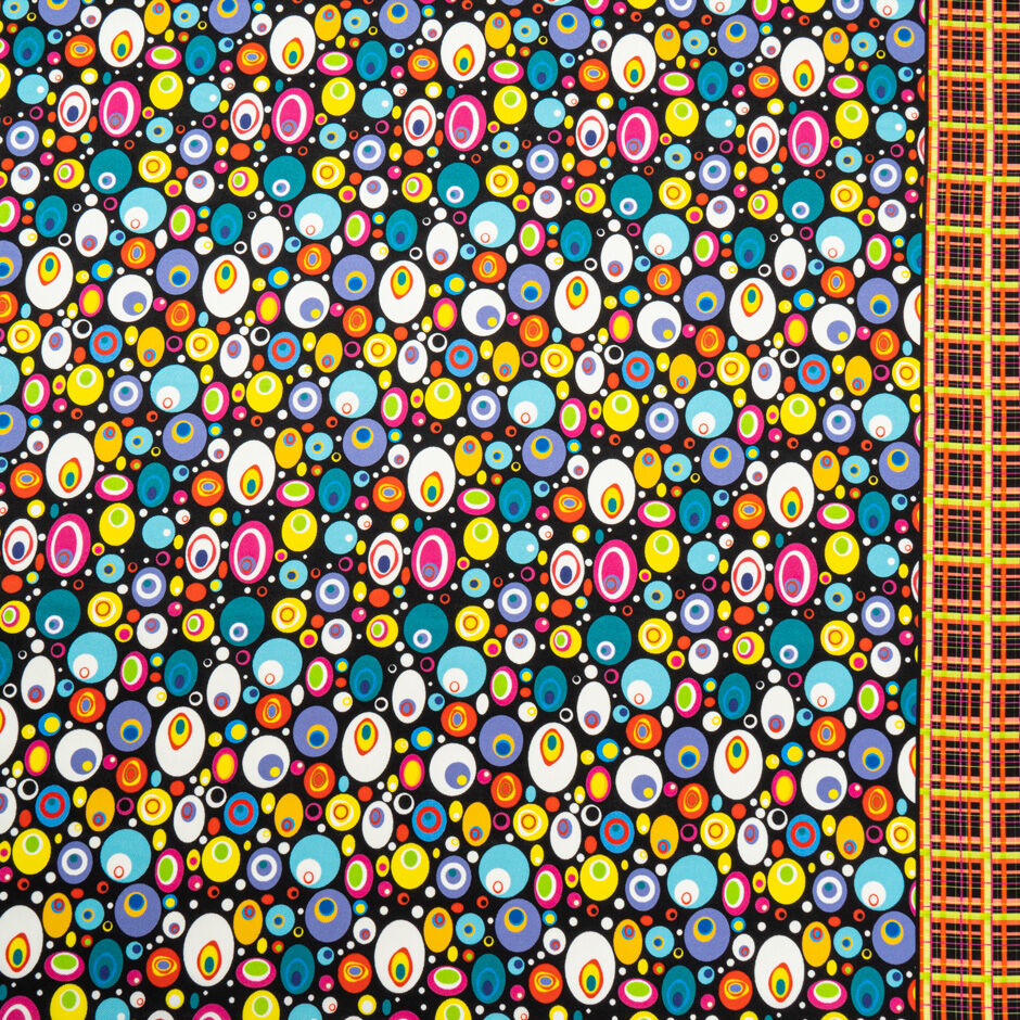 Multi-Coloured Orb Printed Black Silk Twill (A 1.30m Piece)