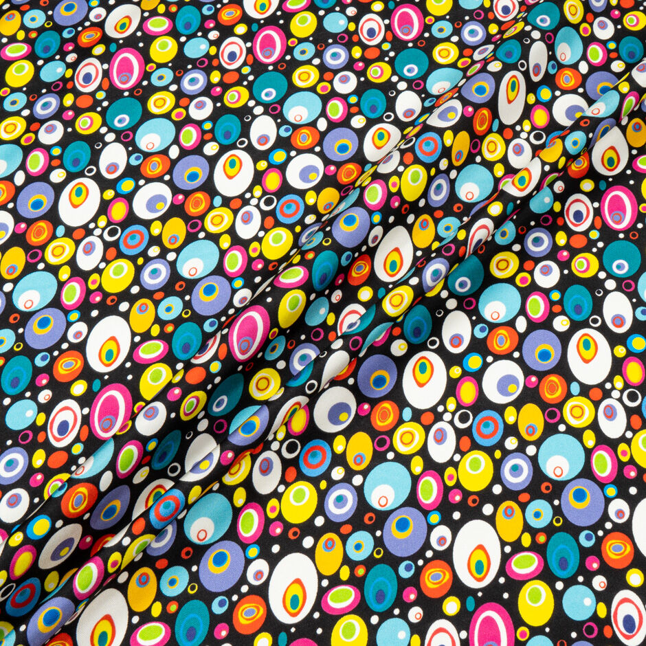 Multi-Coloured Orb Printed Black Silk Twill (A 1.30m Piece)