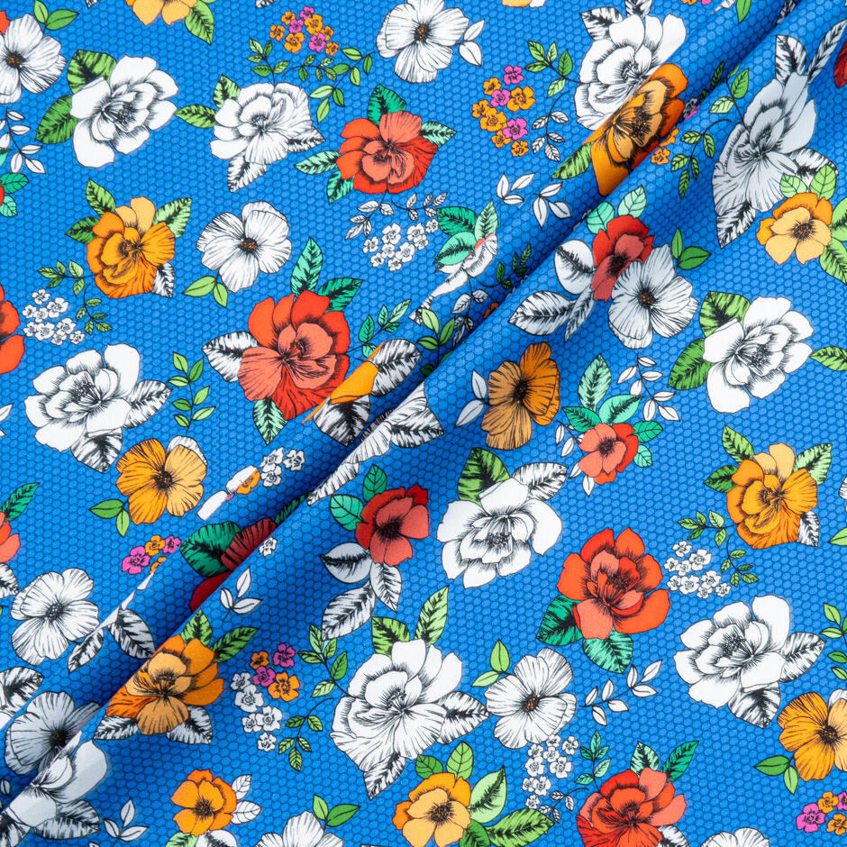 Red, Orange & White Floral Printed Blue Luxury Cotton