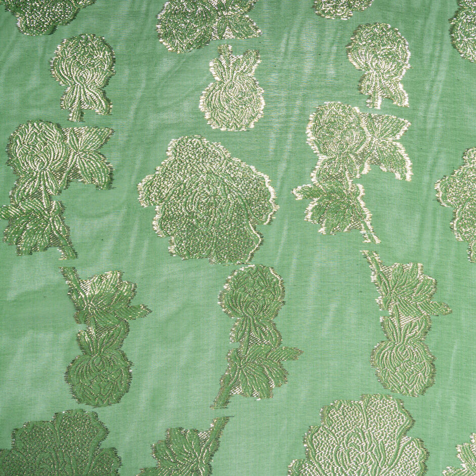 Gold Metallic Floral Jacquard Green Silk Chiffon