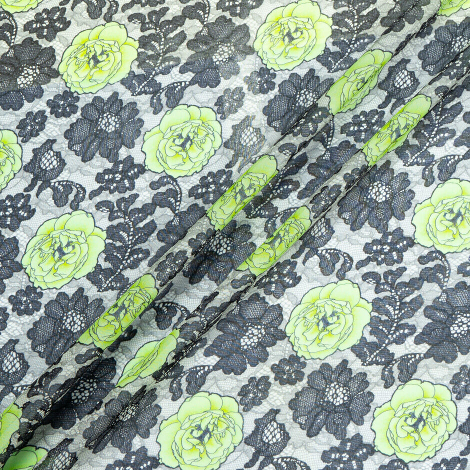 Lime Green Floral Black Lace Printed Silk Georgette