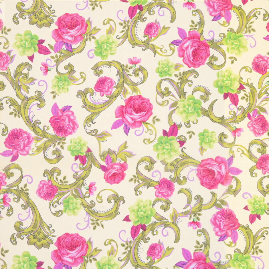 Lime & Pink Rose Floral Printed Yellow Silk Georgette