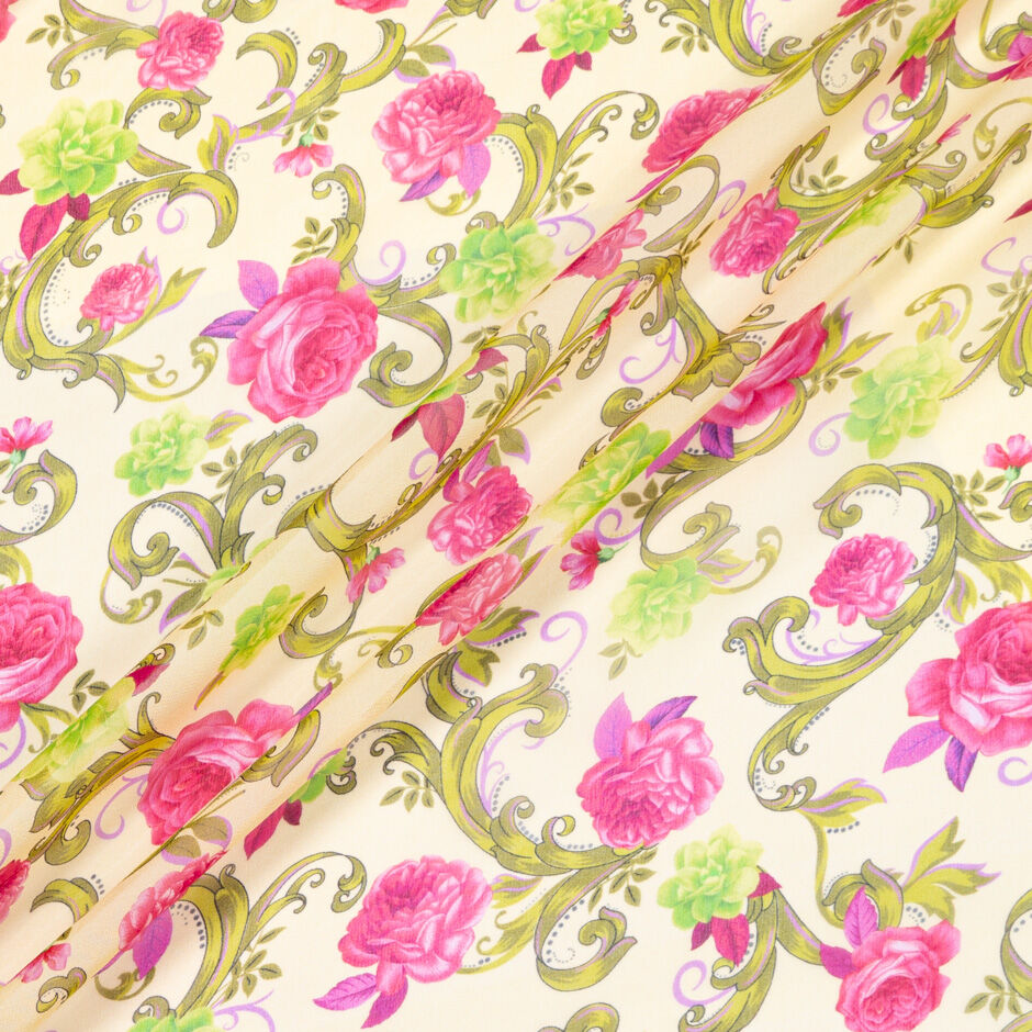 Lime & Pink Rose Floral Printed Yellow Silk Georgette