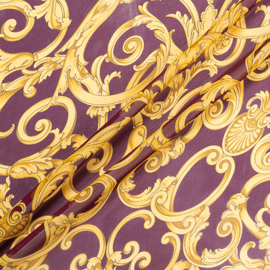 Yellow Printed Burgundy Pure Silk Georgette (A 2.65m Piece)