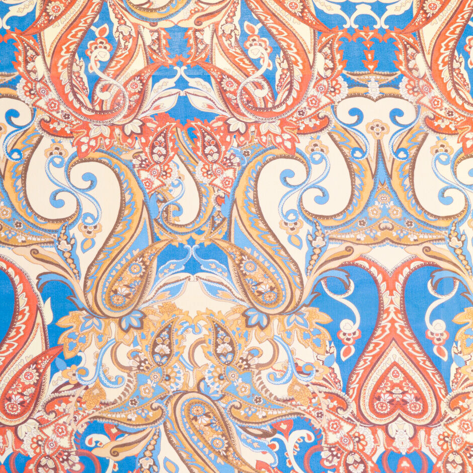 Blue, Red & Beige Paisley Printed Silk Georgette