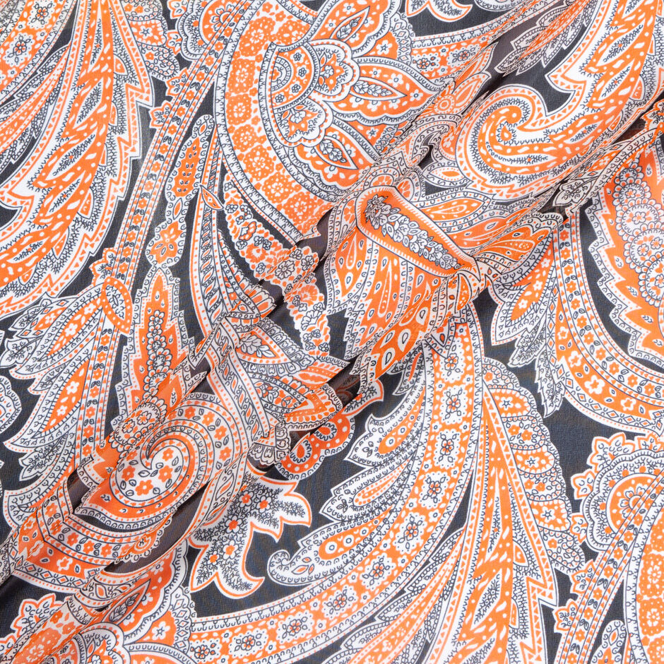 Orange & Black Paisley Printed Silk Georgette