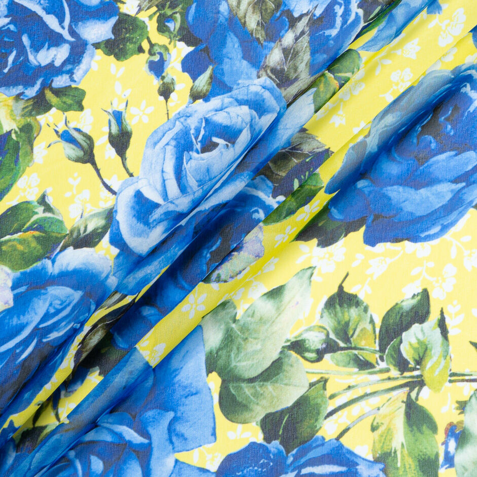 Royal Blue Floral Printed Yellow Silk Georgette