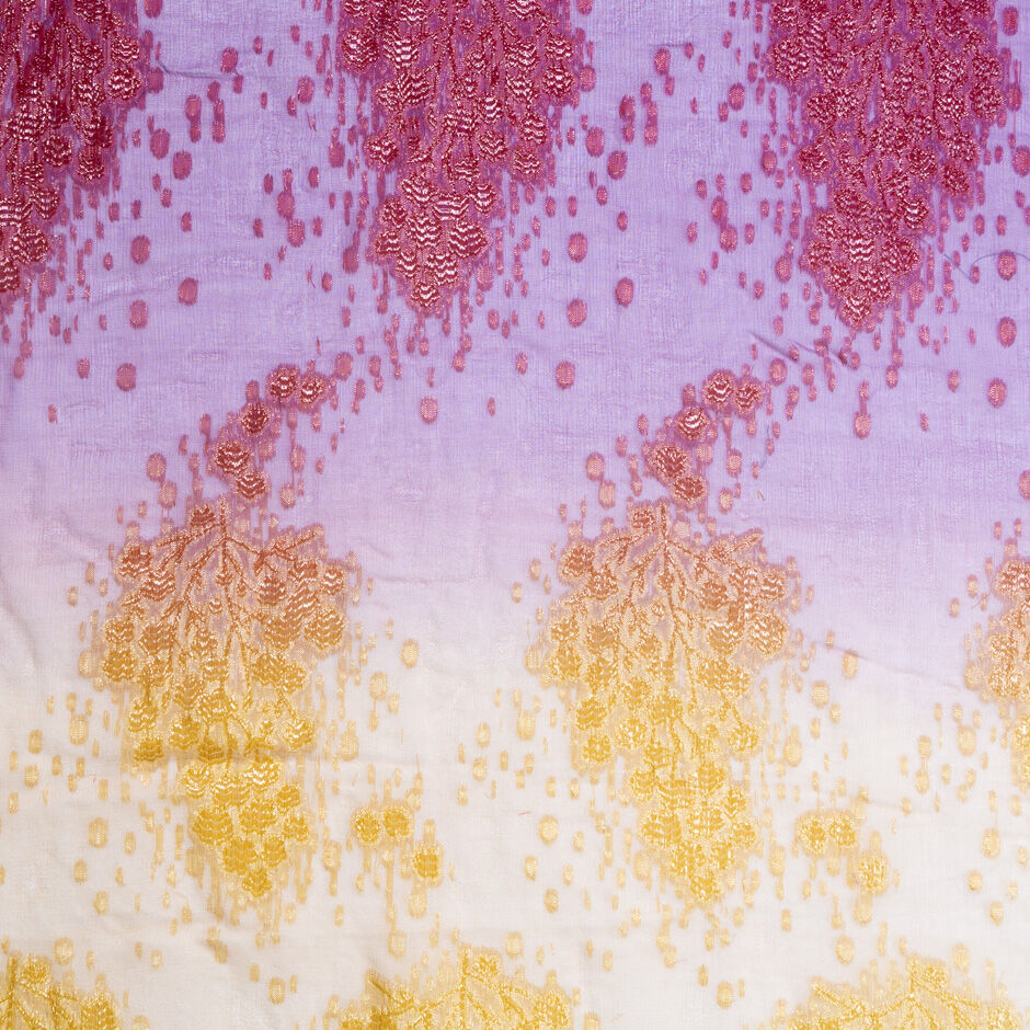 Dark Pink & Yellow Ombré Metallic Jacquard Silk Chiffon